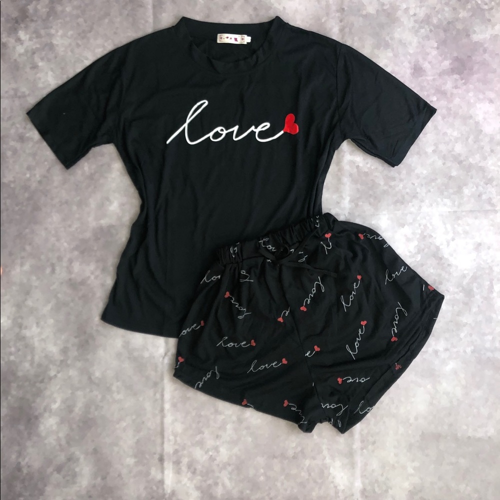 Black LOVE T-shirt with matching short set